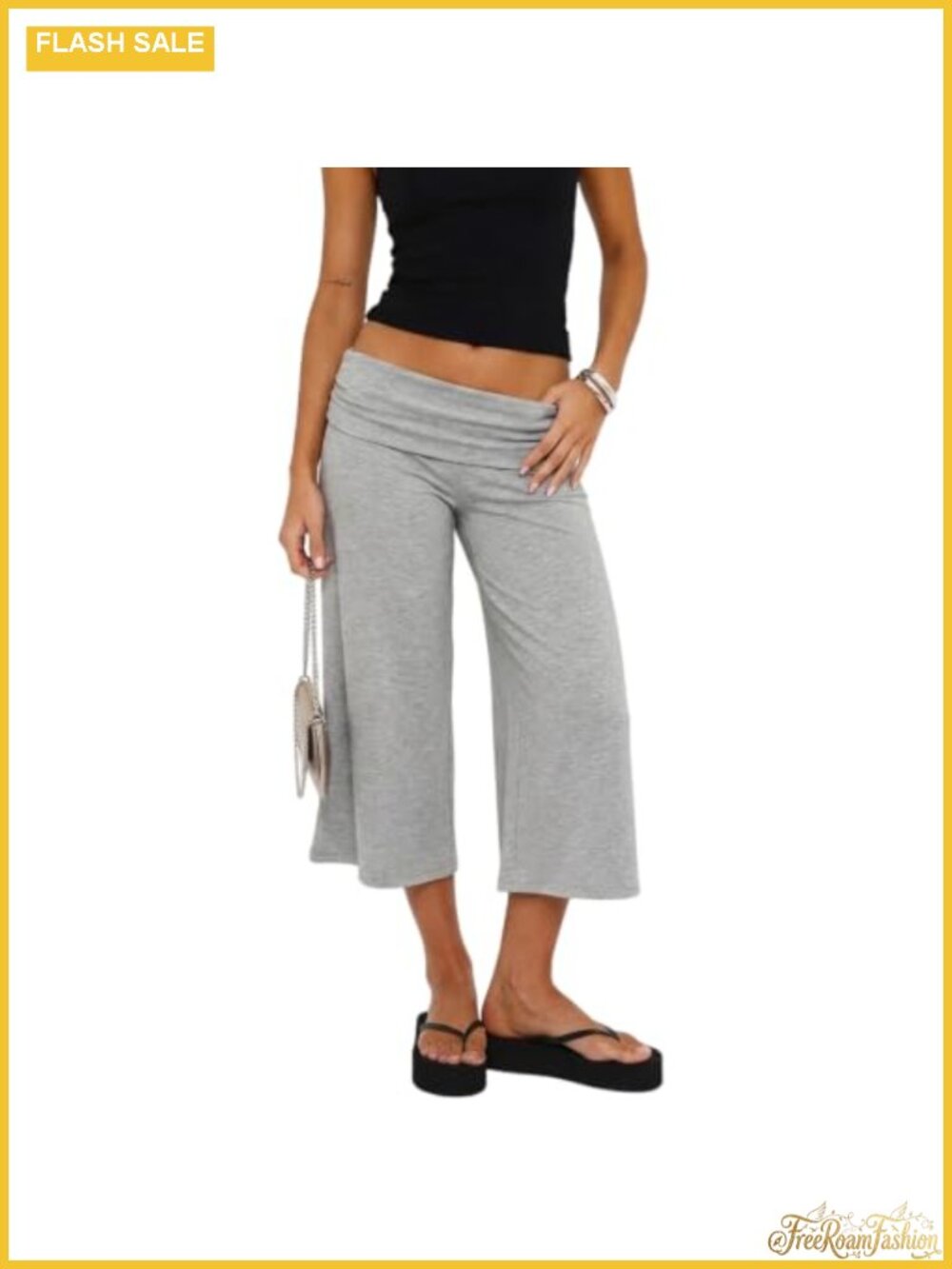 Fold Over Capris Gaucho Pants Wide Leg Low Rise Cropped Pull On